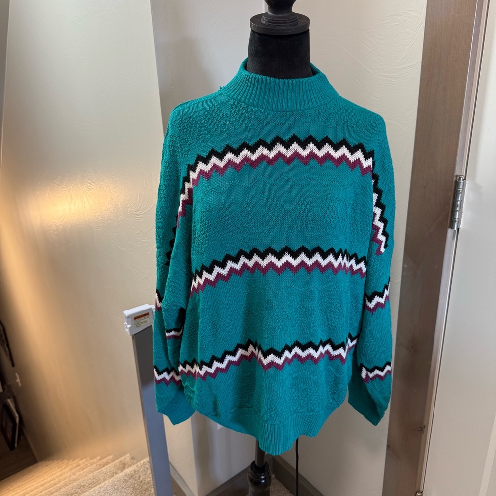 Vintage American Pride Mock Neck Turquoise Geometric Stripe Knit‎ Sweater Granny